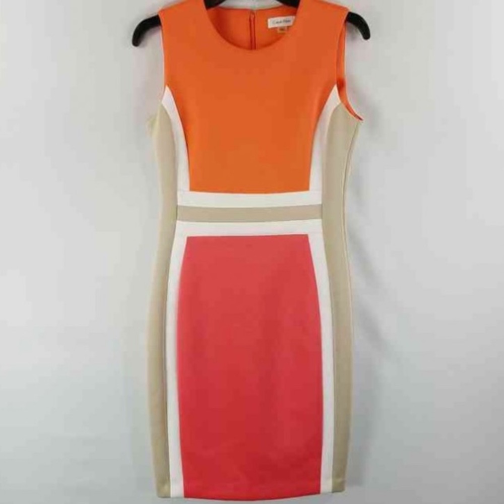 CALVIN KLEIN COLORBLOCK SCUBA BANDAGE SHIFT DRESS SZ 2 SUMMER ORANGE PINK